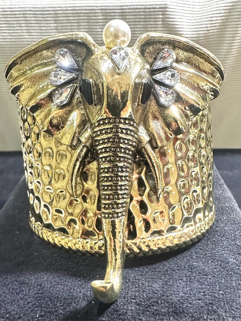 Vtg; Faux Pearl, Rhinestone, 3-Dimensional Elephant-Trunk Up Hammered Cuff